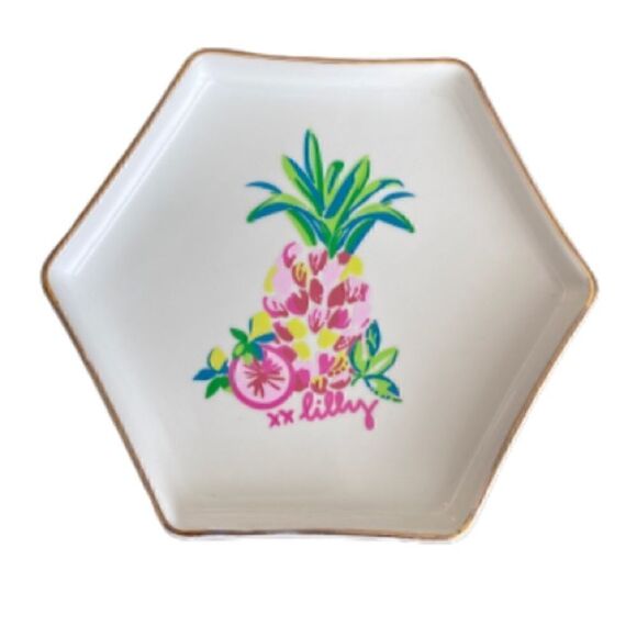 Lilly Pulitzer Ceramic Trinket Tray Pineapple Motif Gold Trim - Picture 1 of 8